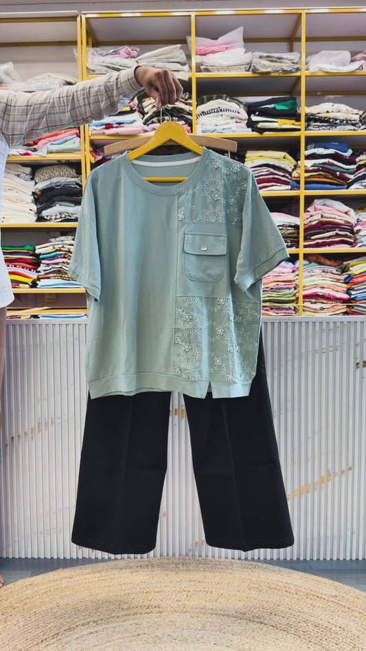 SEA GREEN EMBROIDERY TSHIRT  WITH BELL BOTTOM TROUSER PANT SET