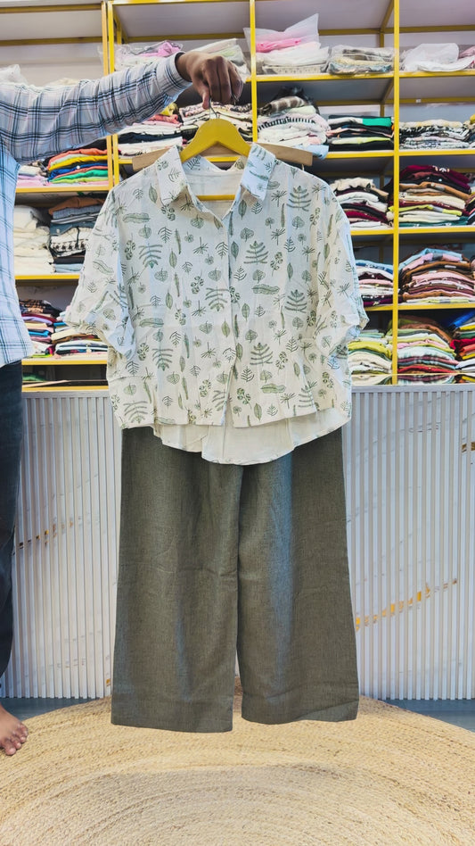 PRINT COTTON CROP SHIRT WITH LINEN PANT SET