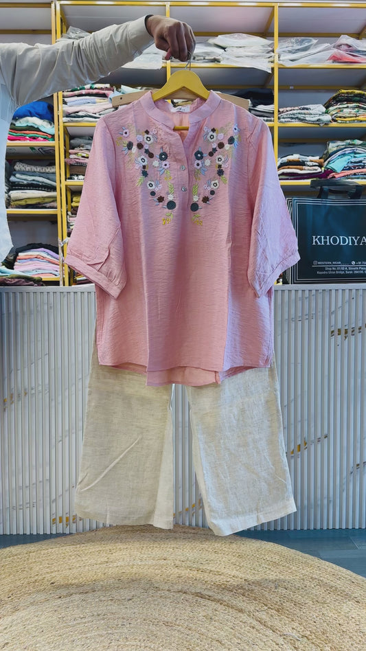 EMBROIDERY PINK TOP WITH LINEN PANT SET