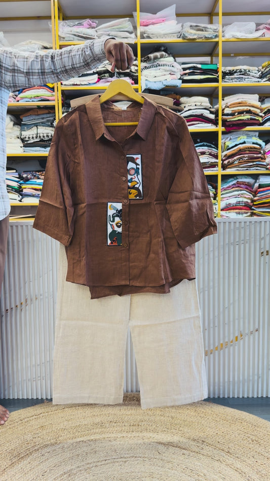 BROWN PATCHES DESIGN  LINEN SHIRTWITH LINEN STRAIGHT PANT SET