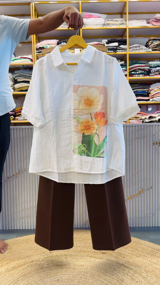 WHITE PRINT MUL COTTON SHIRT WITH BELL BOTTOM TROUSER PANT SET