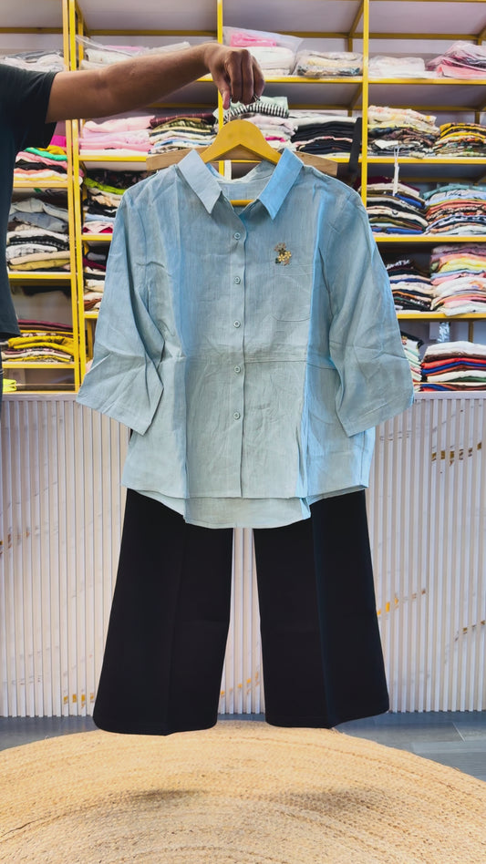 EMBROIDERY BLUE LINEN SHIRT WITH BELL BOTTOM PANT SET