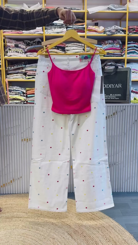 HOT PINK SPAGHETTI TOP WITH EMBROIDERY WHITE DENIM STRAIGHT PANT SET