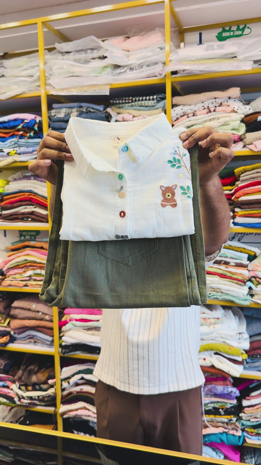 MUL COTTON EMBROIDERY SHIRT WITH LINEN STRAIGHT PANT SET