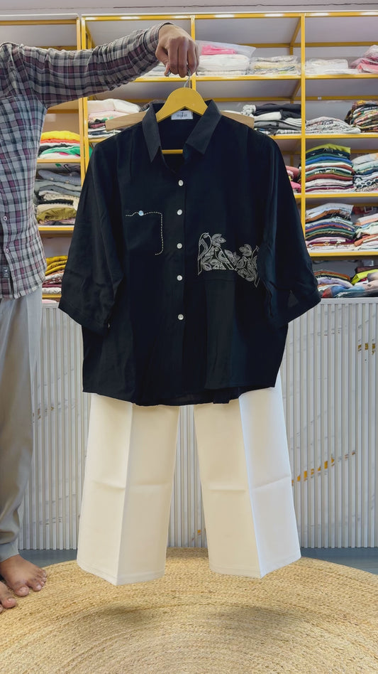 BLACK EMBROIDERY SHIRT WITH BELL BOTTOM TROUSER PANT SET