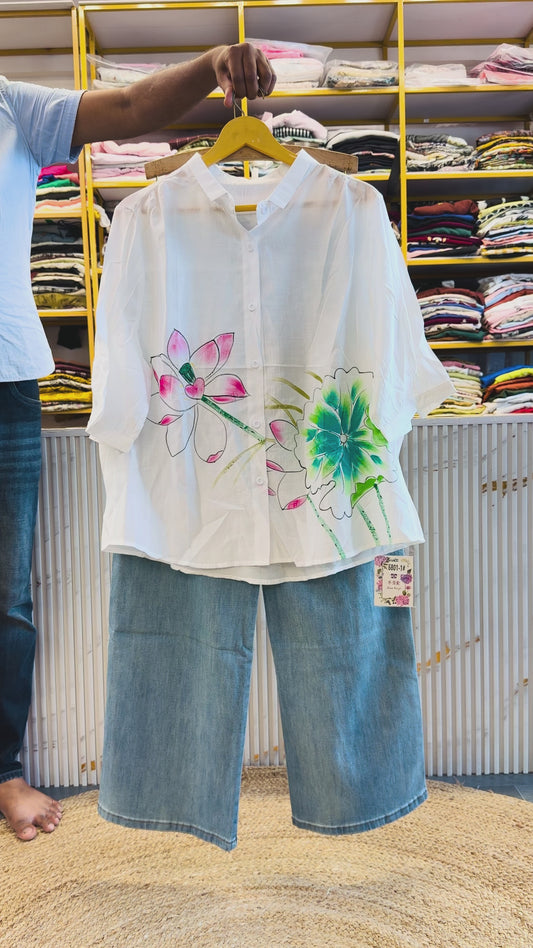WHITE PRINT SHIRT WITH IMPORTED SOFT DENIM PANT SET