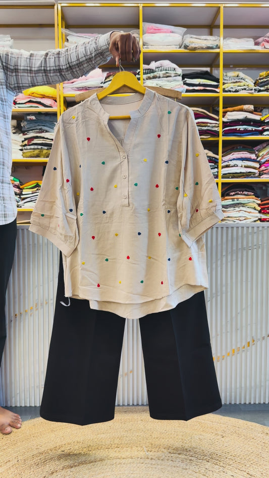 EMBROIDERY SKIN SHADE  COTTON TOP WITH BELL BOTTOM TROUSER PANT SET