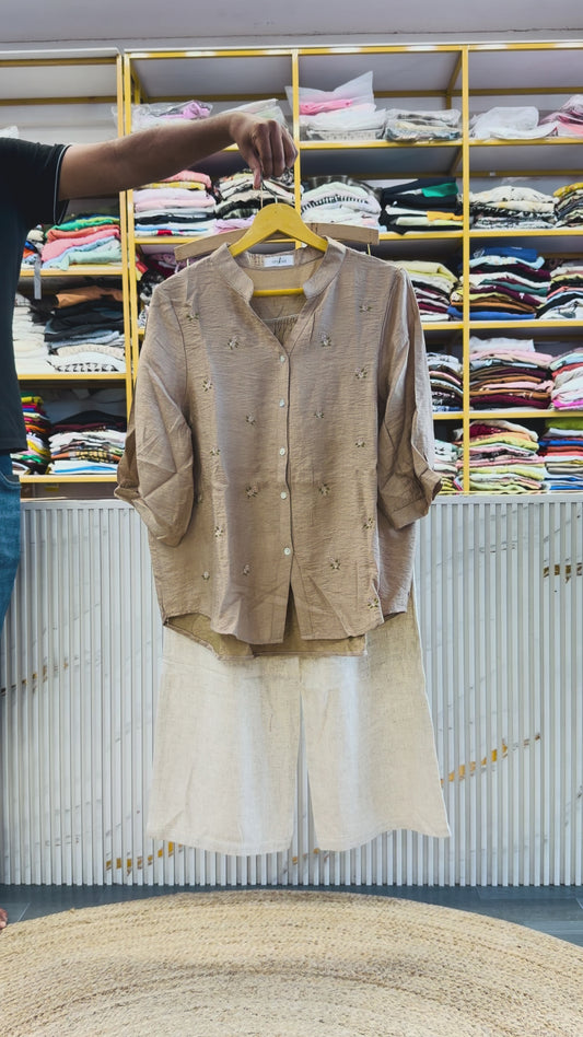 CHIKU EMBROIDERY CASUAL TOP  WITH LINEN PANT SET