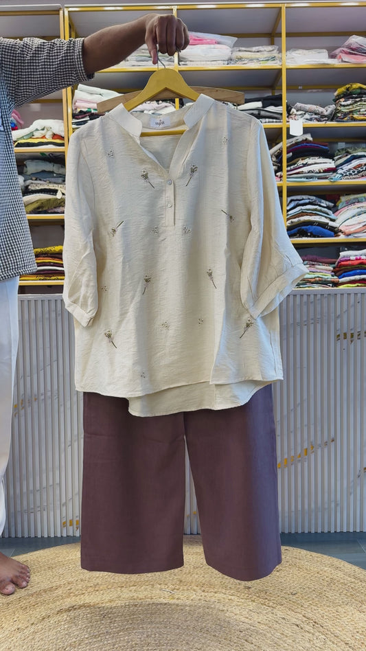 OFF WHITE  EMBROIDERY CASUAL TOP WITH LINEN PANT SET