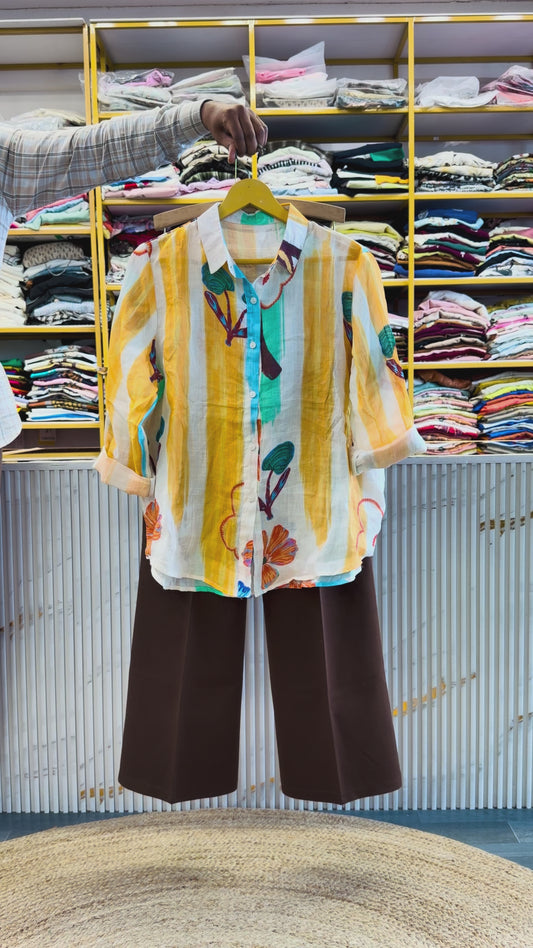 PRINT LINEN SHIRT  WITH BELL BOTTOM TROUSER PANT SET