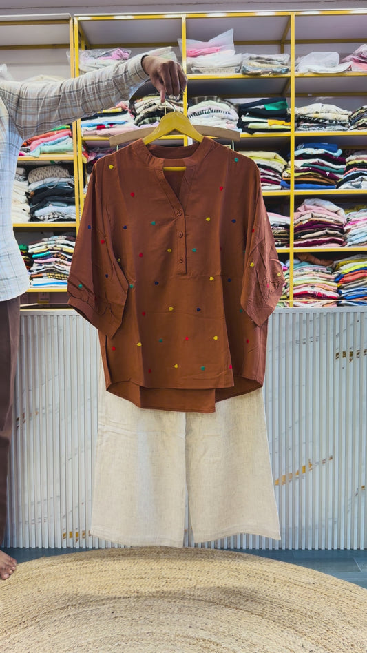 RUST COTTON EMBROIDERY TOP WITH LINEN PANT SET