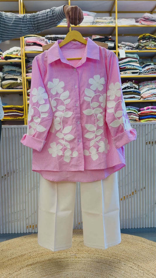 PINK STRIPS EMBROIDERY SHIRT  WITH BELL BOTTOM PANT SET