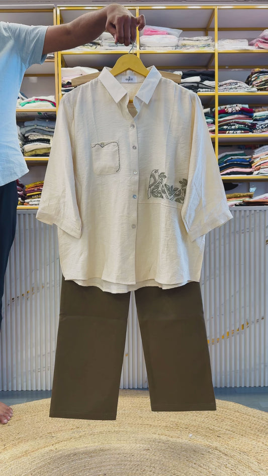 OFF WHITE EMBROIDERY SHIRT  WITH STRAIGHT STRETCHABLE TROUSER PANT SET