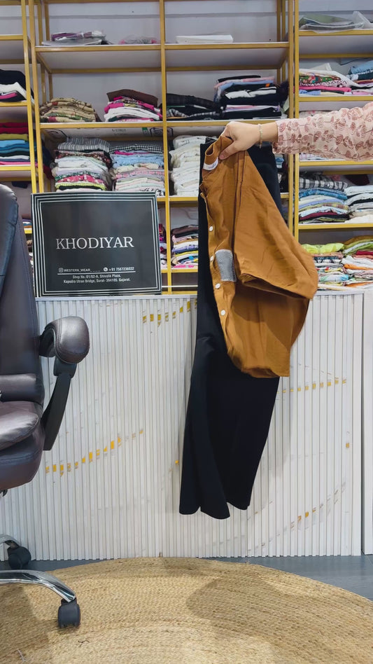 RUST PATCHED CHINESE COLLAR SHIRT TOP WITH BELL BOTTOM PANT SET