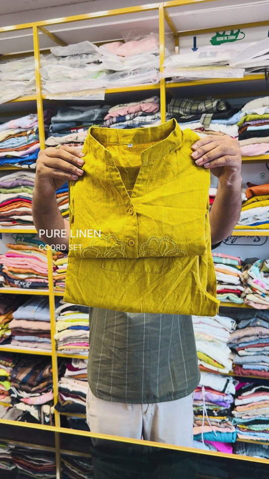 MUSTARD CUTWORK EMBROIDERY PURE LINEN COORD SET