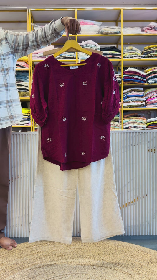 MAROON  EMBROIDERY CASUAL TOP WITH LINEN PANT SET