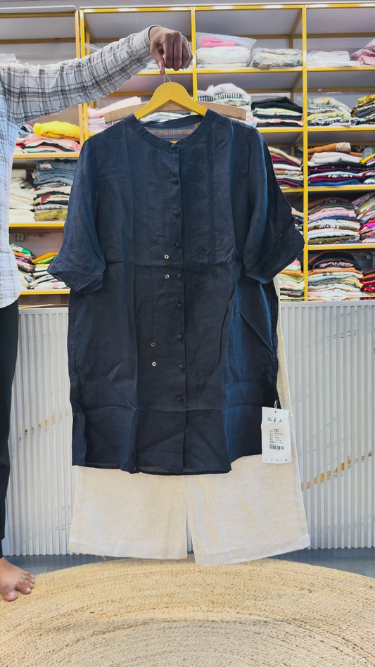 NAVY BLUE EMBROIDERY LINEN TUNIC TOP  WITH LINEN PANT SET
