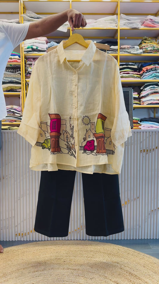 PURE LINEN HOME EMBROIDERY TOP WITH BELL BOTTOM PANT SET