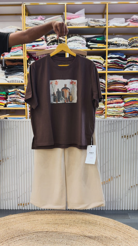 BROWN PRINT CASUAL TSHIRT WITH SOFT IMPORTED STRETCHABLE PANT SET
