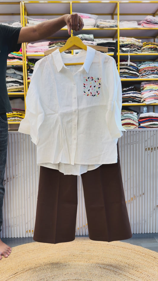 EMBROIDERY WHITE LINEN SHIRT WITH BELL BOTTOM PANT SET