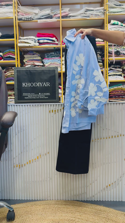 BLUE STRIPS EMBROIDERY SHIRT  WITH BELL BOTTOM PANT SET