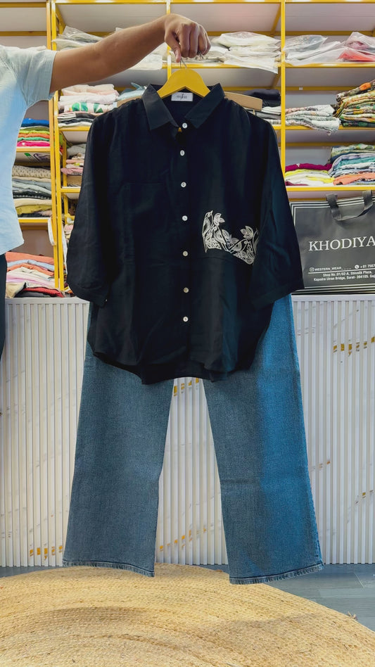 BLACK EMBROIDERY SHIRT  WITH STRAIGHT DENIM PANT SET