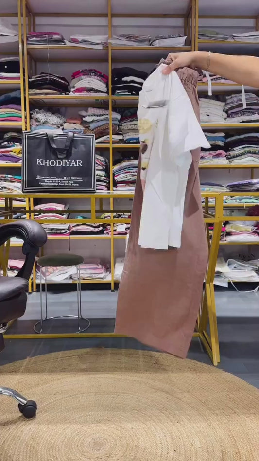 WHITE FLOWER PRINT PEARL TSHIRT CUM TOP WITH LINEN PANT SET