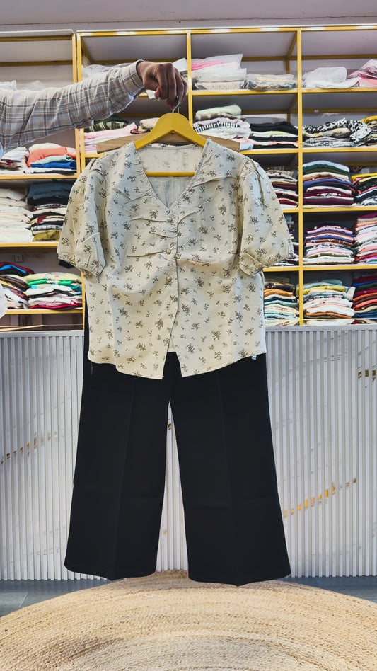 PRINT CROP COTTON TOP  WITH BELL BOTTOM PANT SET
