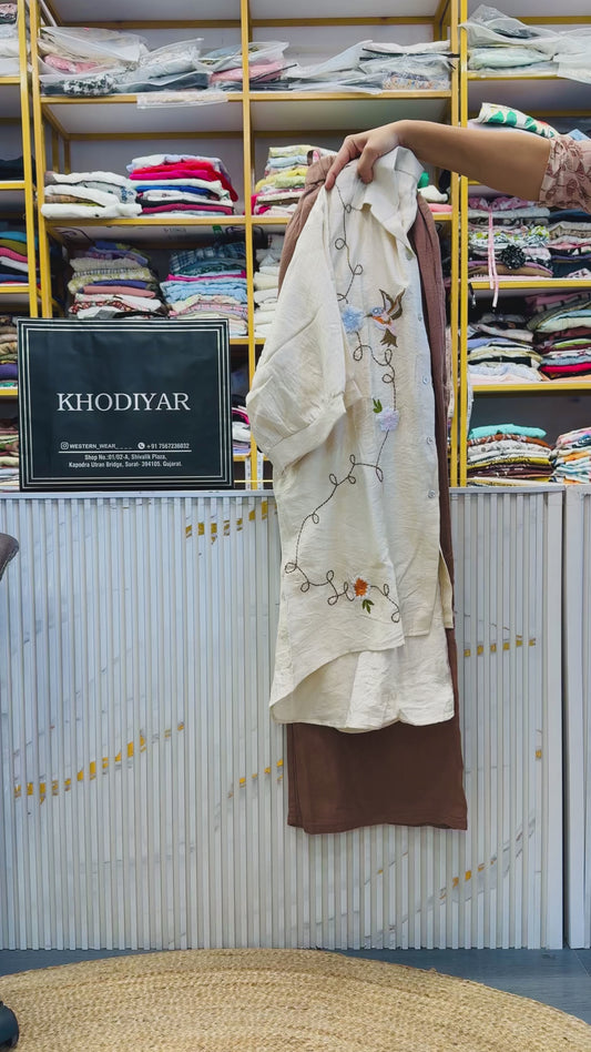 OFF WHITE BIRD EMBROIDERY A LINE LONG TUNIC TOP  WITH LINEN PANT SET