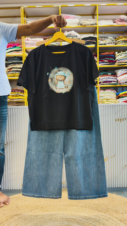 BLACK PRINT CASUAL TSHIRT WITH IMPORTED SOFT DENIM PANT SET