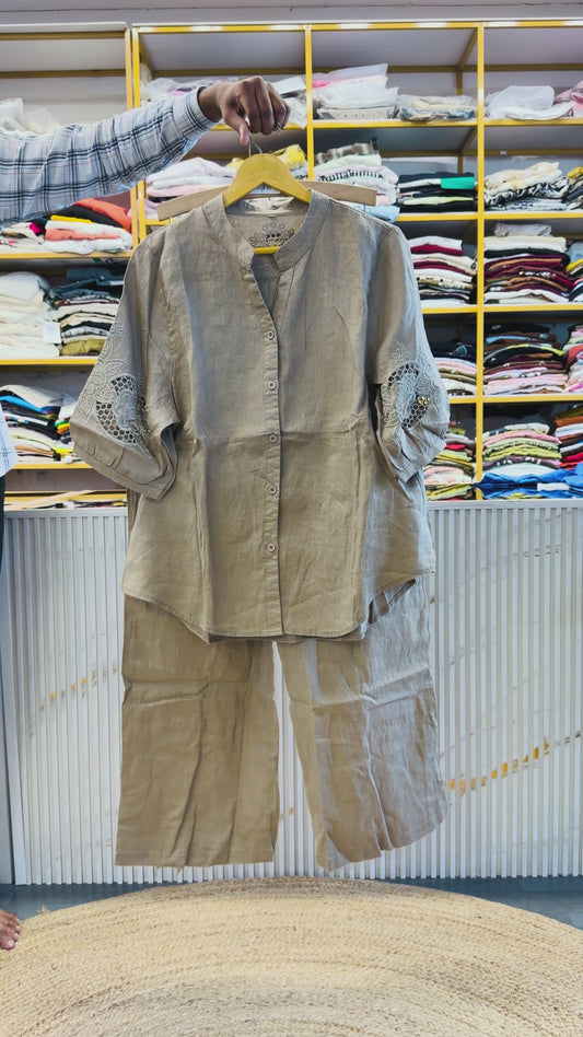 KHAKHI CUTWORK  LINEN TOP WITH LINEN COMFORTABLE PANT SET