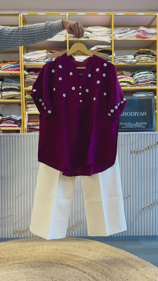 WINE EMBROIDERY TOP WITH BELL BOTTOM TROUSER