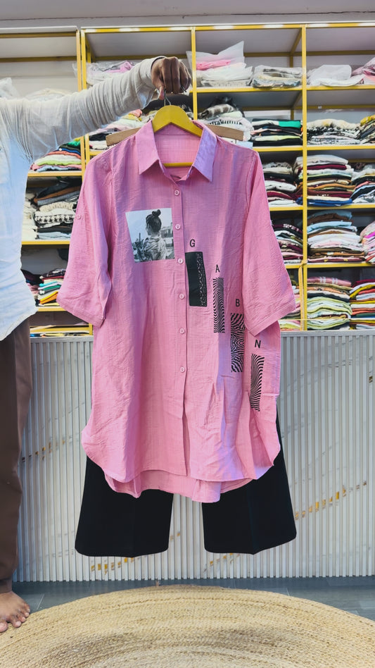 PINK PRINT LONG SHIRT WITH BELL BOTTOM PANT SET