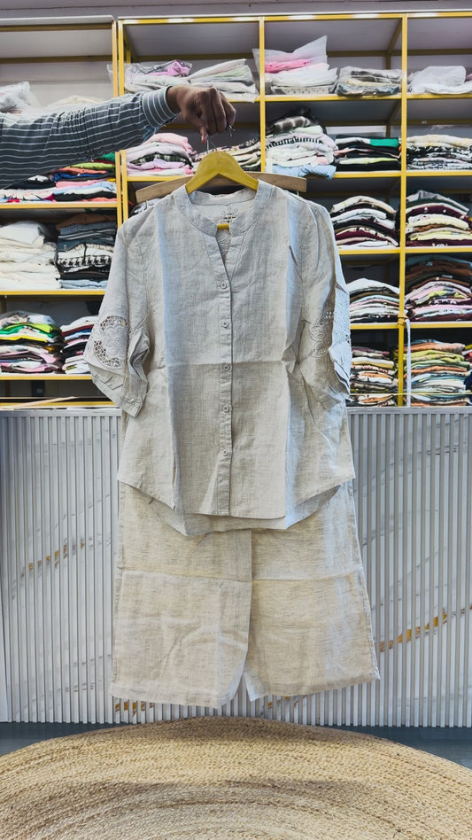 NATURAL CUTWORK  LINEN TOP WITH LINEN COMFORTABLE PANT SET