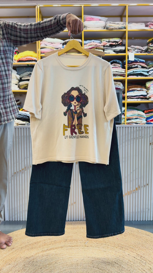 BARBIE PRINT KNITTING TOP WITH IMPORTED SOFT DENIM PANT SET