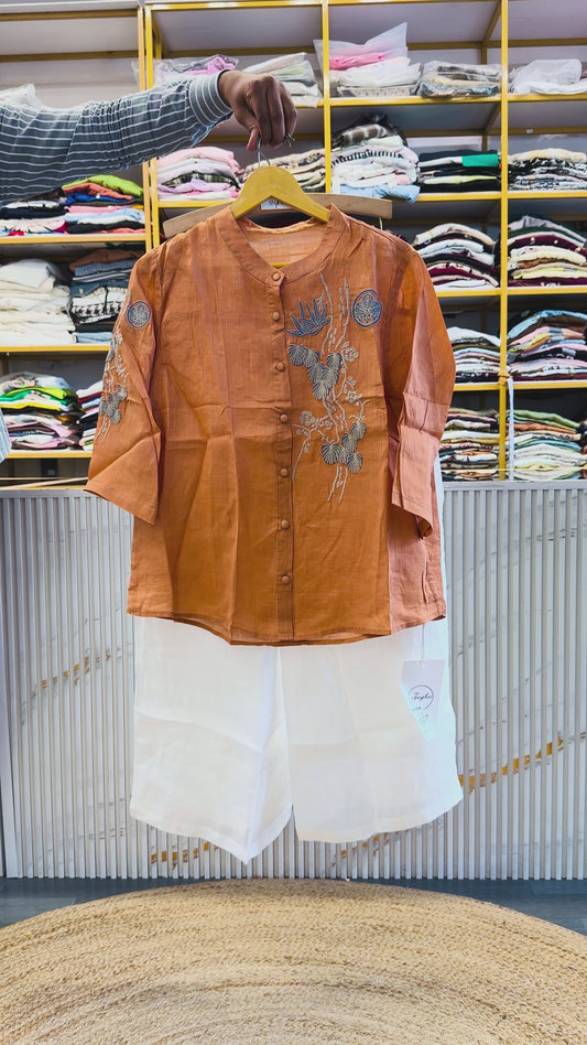 EMBROIDERY LINEN TOP WITH LINEN PANT SET