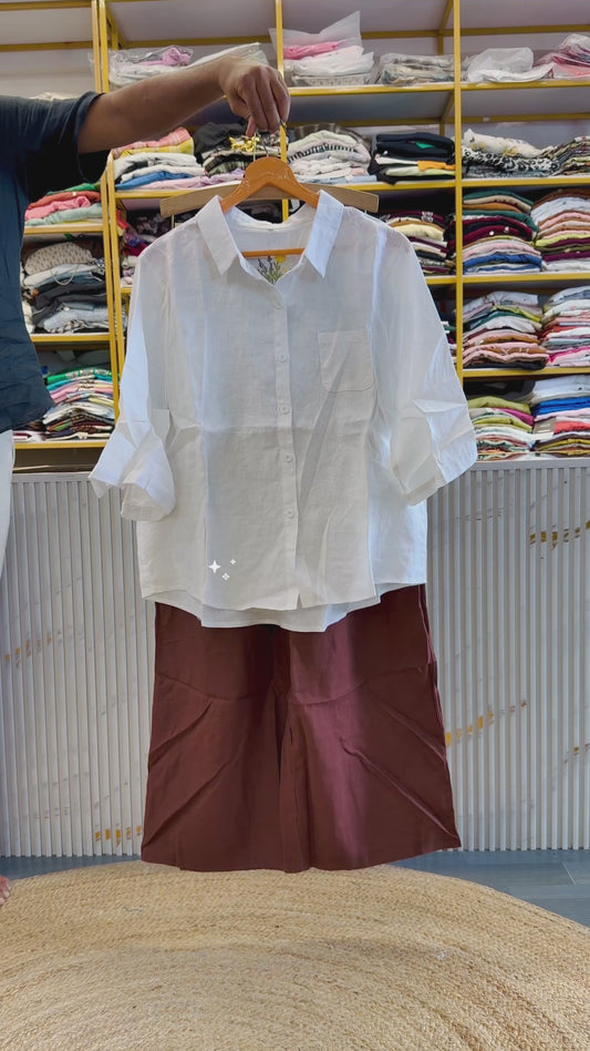 WHITE BACK EMBROIDERY LINEN SHIRT  WITH LINEN PANT SET