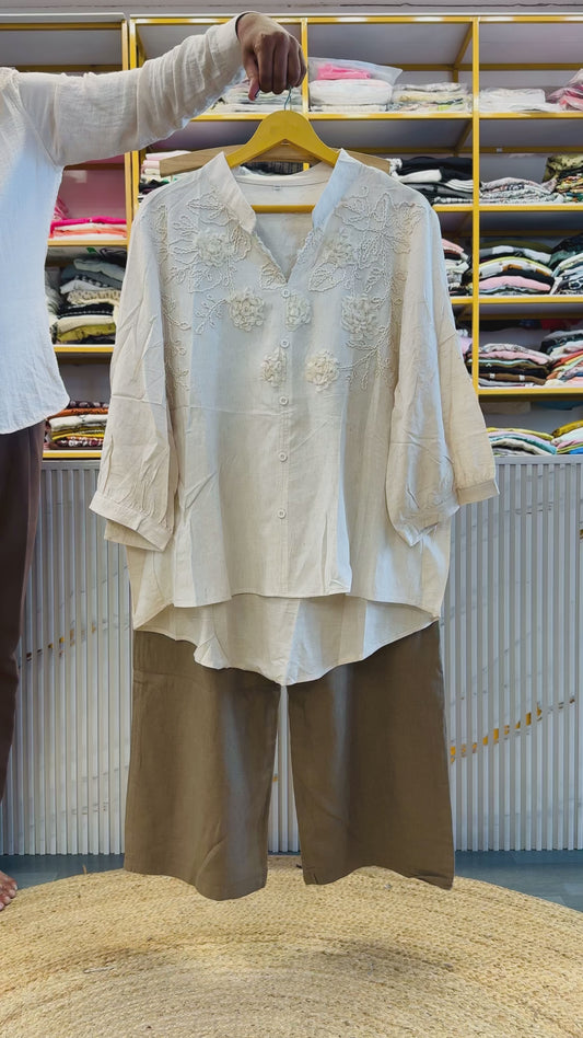 OFF WHITE PURE COTTON EMBROIDERY TOP WITH LINEN COMFORTABLE PANT SET