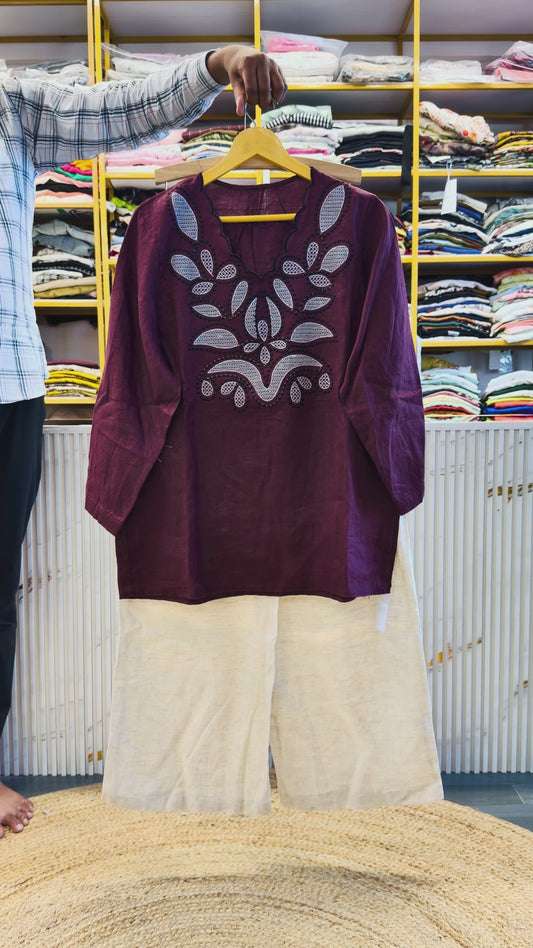 WINE EMBROIDERY LINEN TOP  WITH LINEN PANT SET