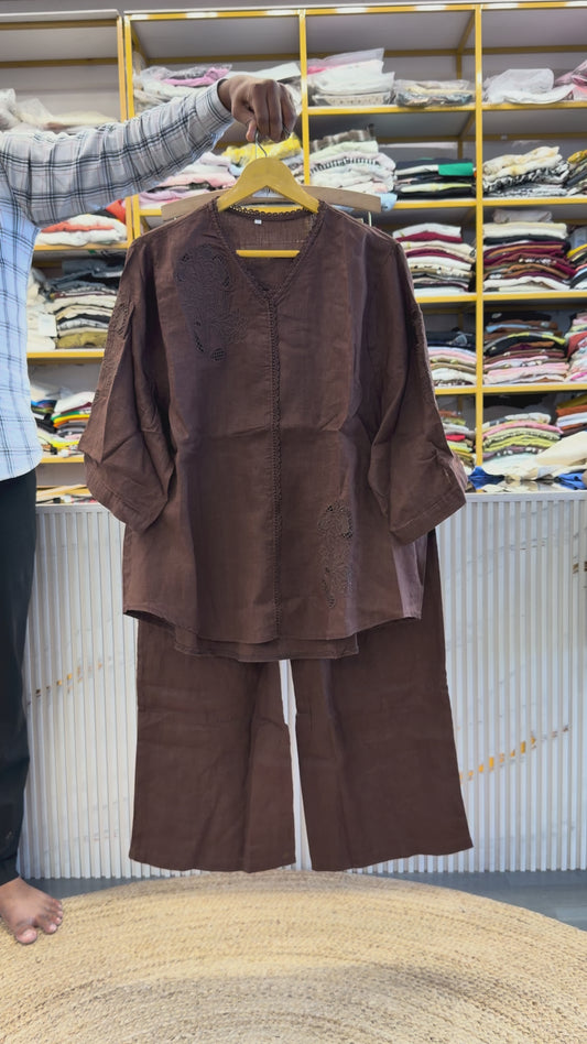 BROWN V NECK  LINEN TOP WITH LINEN COMFORTABLE PANT SET