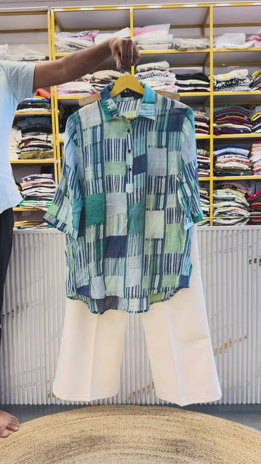 PRINT CHIFFON TUNIC TOP  WITH BELL BOTTOM TROUSER PANT SET