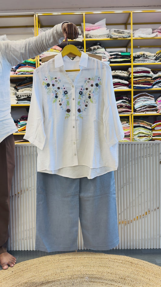 WHITE EMBROIDERY CASUAL TOP  WITH LINEN PANT SET