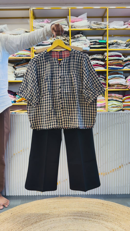 CHEX MUL COTTON TOP WITH BELL BOTTOM PANT SET