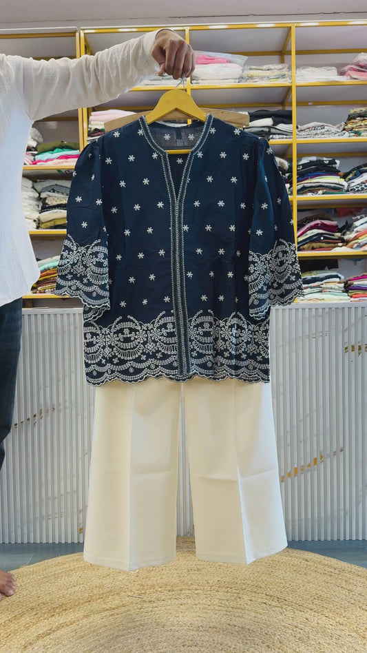 NAVY BLUE  EMBROIDERY CASUAL TOP WITH LINEN PANT SET