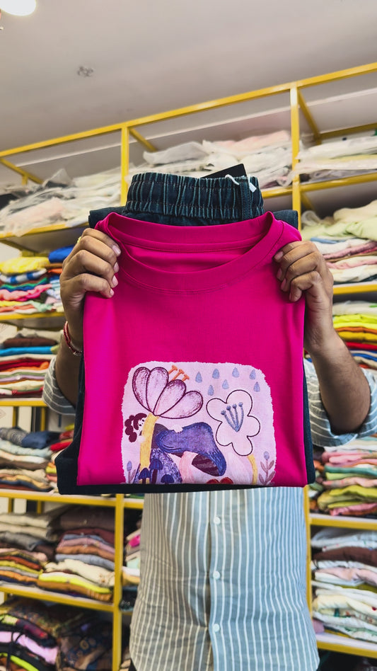 HOT PINK PLAIN TSHIRT WITH IMPORTED ELASTIC SOFT DENIM PANT SET