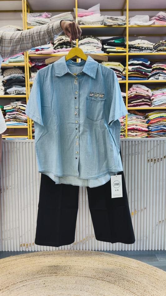 SOFT DENIM EMBROIDERY SHIRT WITH BELL BOTTOM PANT SET