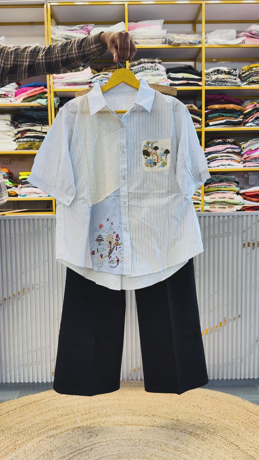 COTTON STRIPS EMBROIDERY SHIRT WITH BELL BOTTOM PANT SET