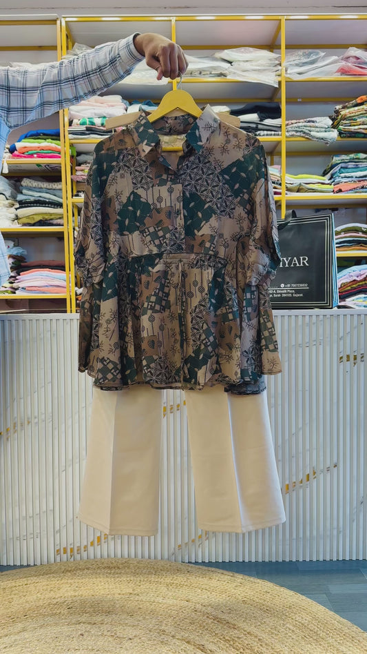 PRINTED LIGHT WEIGHT CRUSH SHIFFON TOP WITH BELL BOTTOM TROUSER  PANT SET