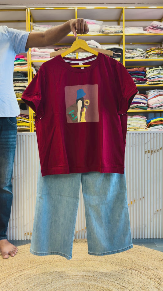 MAROON PRINT CASUAL TSHIRT WITH IMPORTED SOFT DENIM PANT SET