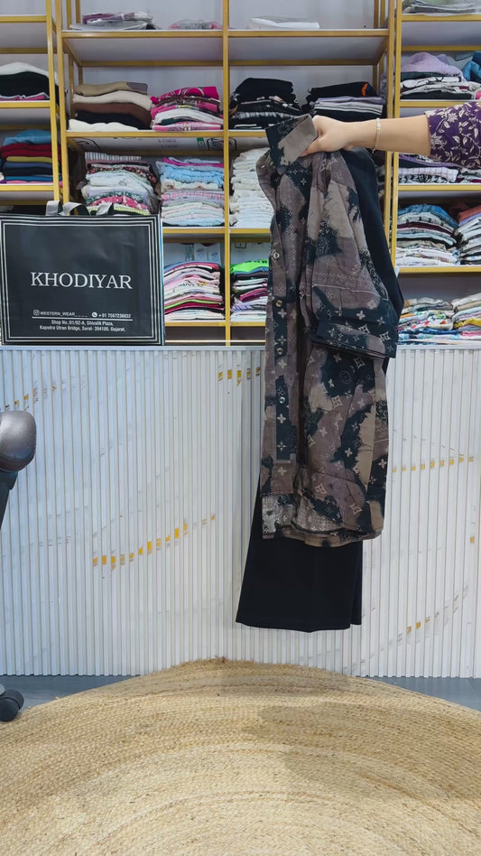 PRINTED COTTON LONG TOP WITH BELL BOTTOM PANT SET